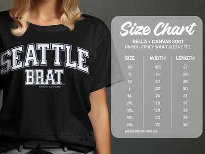 Black t-shirt with "SEATTLE BRAT" and a size chart.