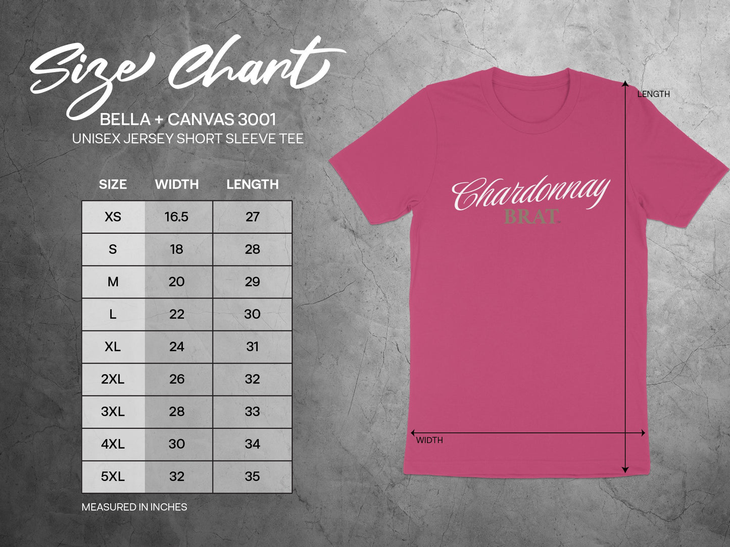 Bella + Canvas 3001 unisex size chart with width and length measurements in inches.