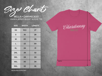 Bella + Canvas 3001 unisex size chart with width and length measurements in inches.