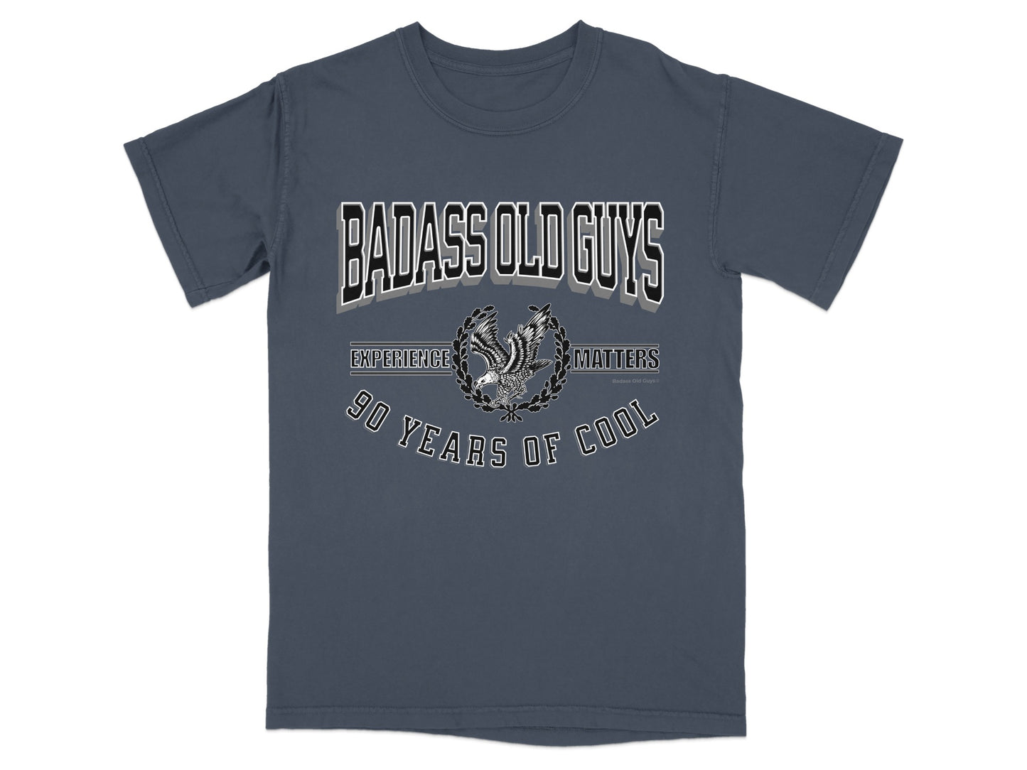 Dark t-shirt with "Badass Old Guys" and "90 Years of Cool" text.