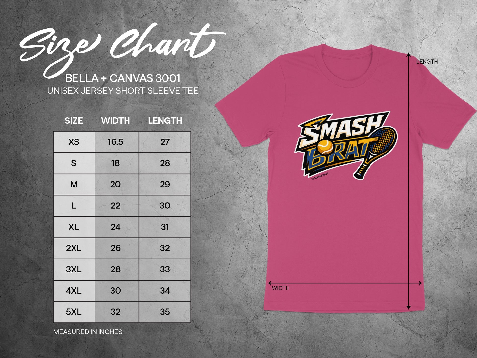 Bella + Canvas 3001 unisex t-shirt size chart with width and length measurements.