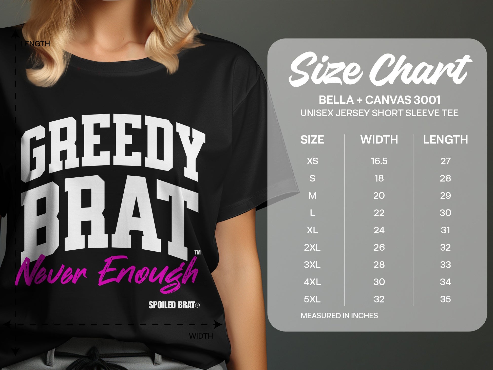Black t-shirt with "GREEDY BRAT Never Enough" text and a size chart.