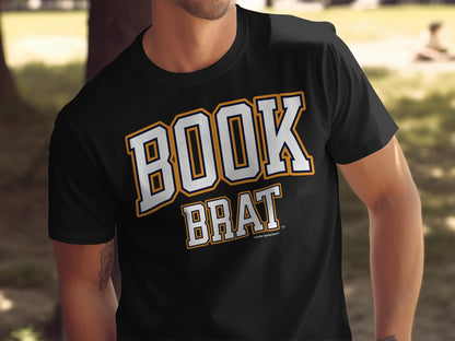 Black t-shirt on a person with "BOOK BRAT" and "Another Spoiled Brat" text.