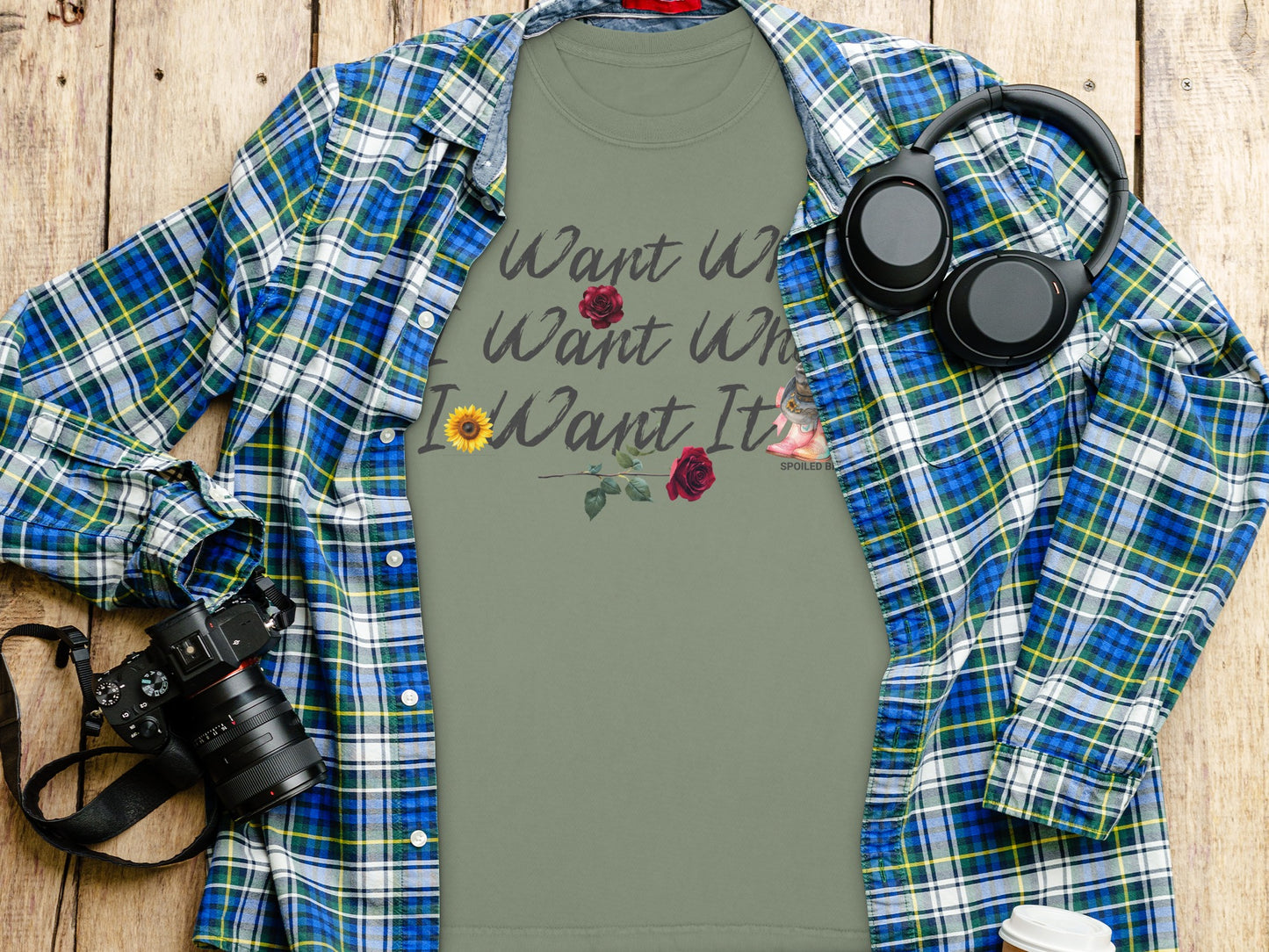 Want It With Floral Design on Olive Green T-Shirt product