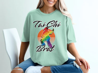 Tai Chi Brat graphic tee with rainbow sunset and person in pose.