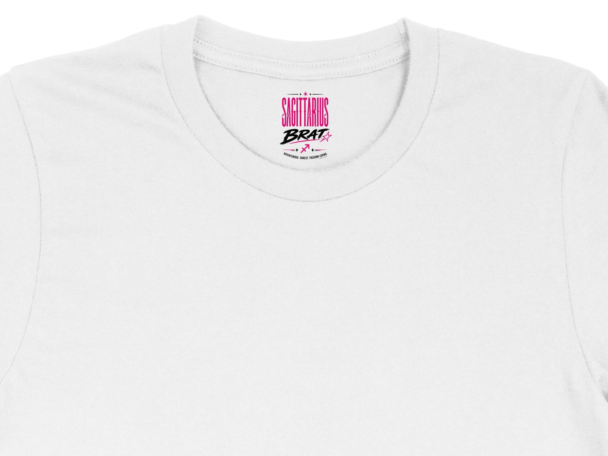 White t-shirt neck tag with "SAGITTARIUS BRAT" and zodiac symbols.