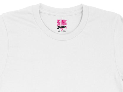 White t-shirt neck tag with "SAGITTARIUS BRAT" and zodiac symbols.
