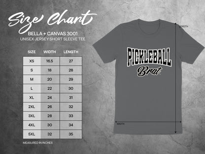 Bella + Canvas 3001 size chart for unisex short sleeve tee with dimensions.