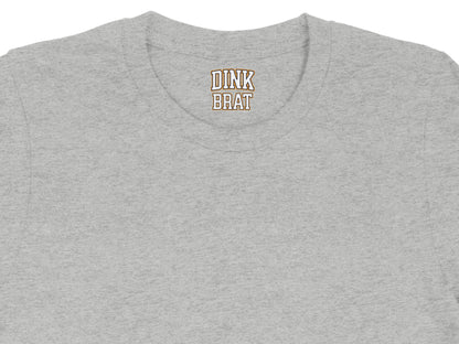 Grey t-shirt with "DINK BRAT" embroidered on the neckline.
