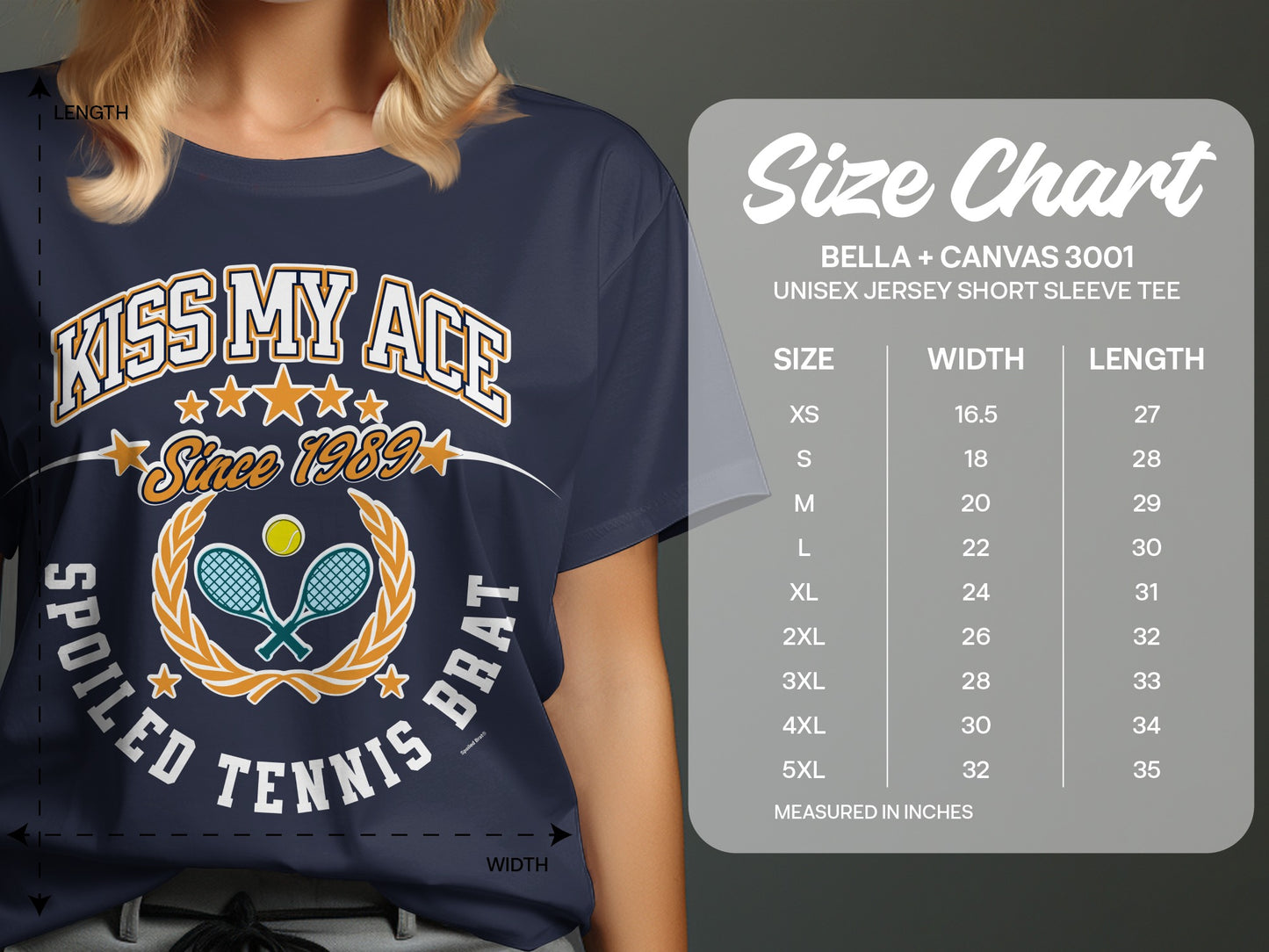 Navy t-shirt with "Kiss My Ace Spoiled Tennis Brat" text and tennis graphics.