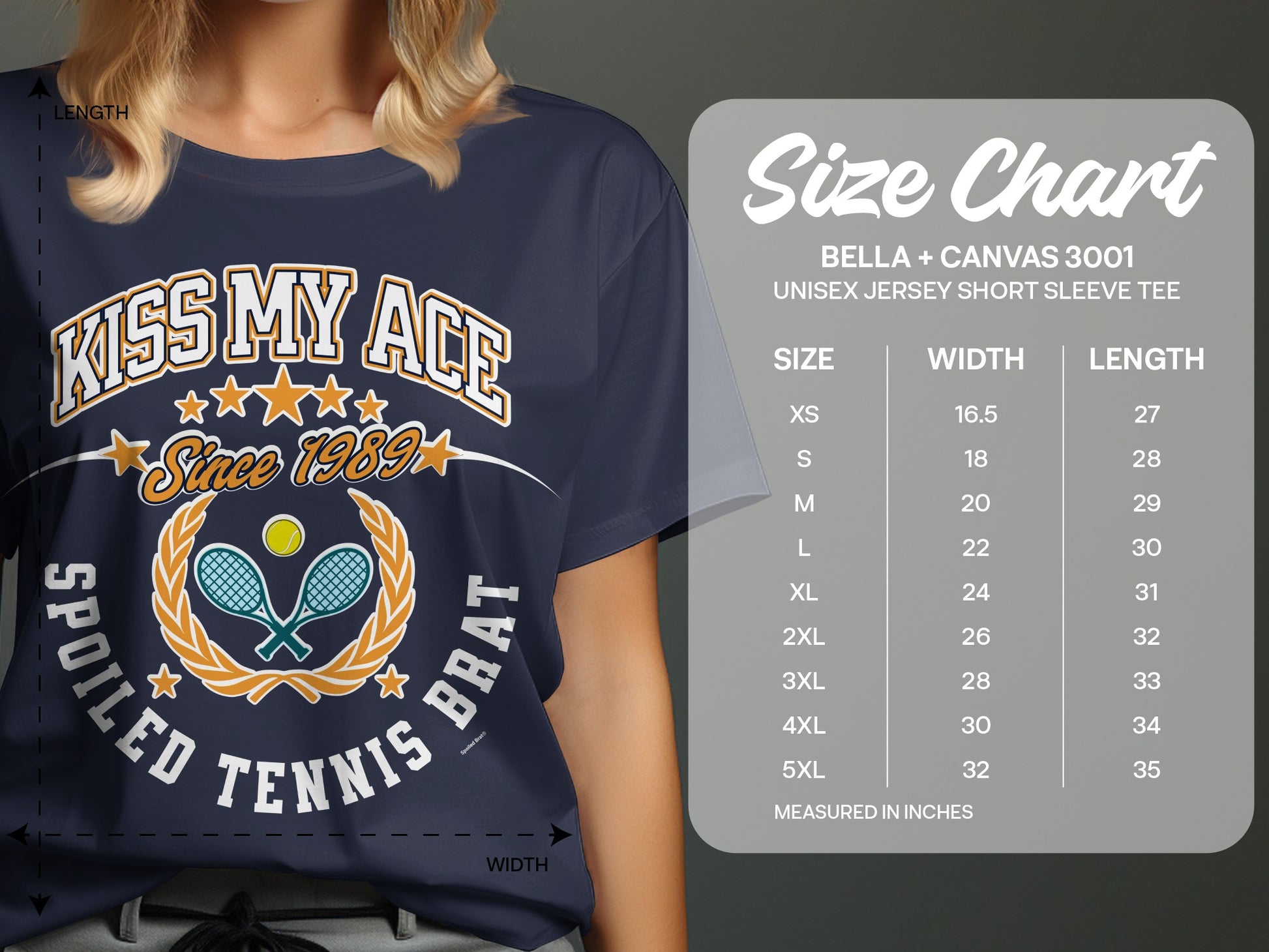 Navy t-shirt with "Kiss My Ace Spoiled Tennis Brat" text and tennis graphics.