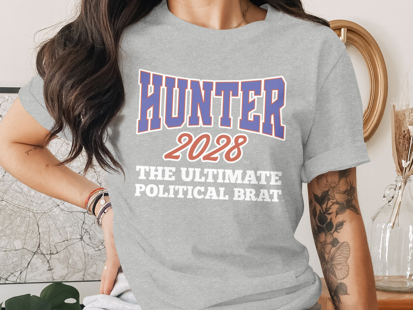 Grey t-shirt with Hunter 2028 The Ultimate Political Brat text.