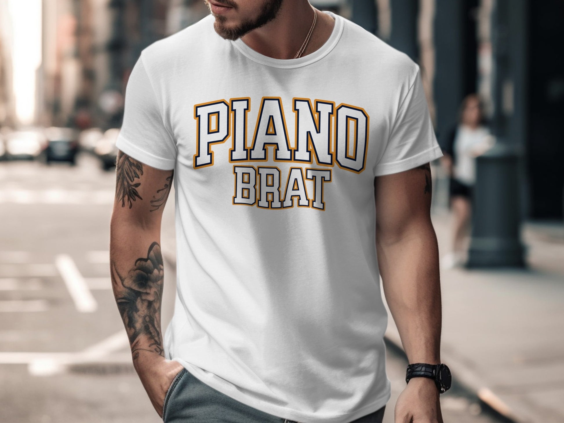 White t-shirt with "PIANO BRAT" text in varsity-style lettering.