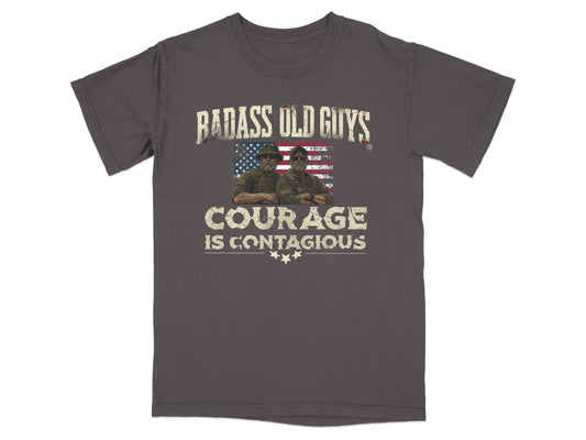 Charcoal t-shirt with "Badass Old Guys Courage Is Contagious" text and flag graphic.