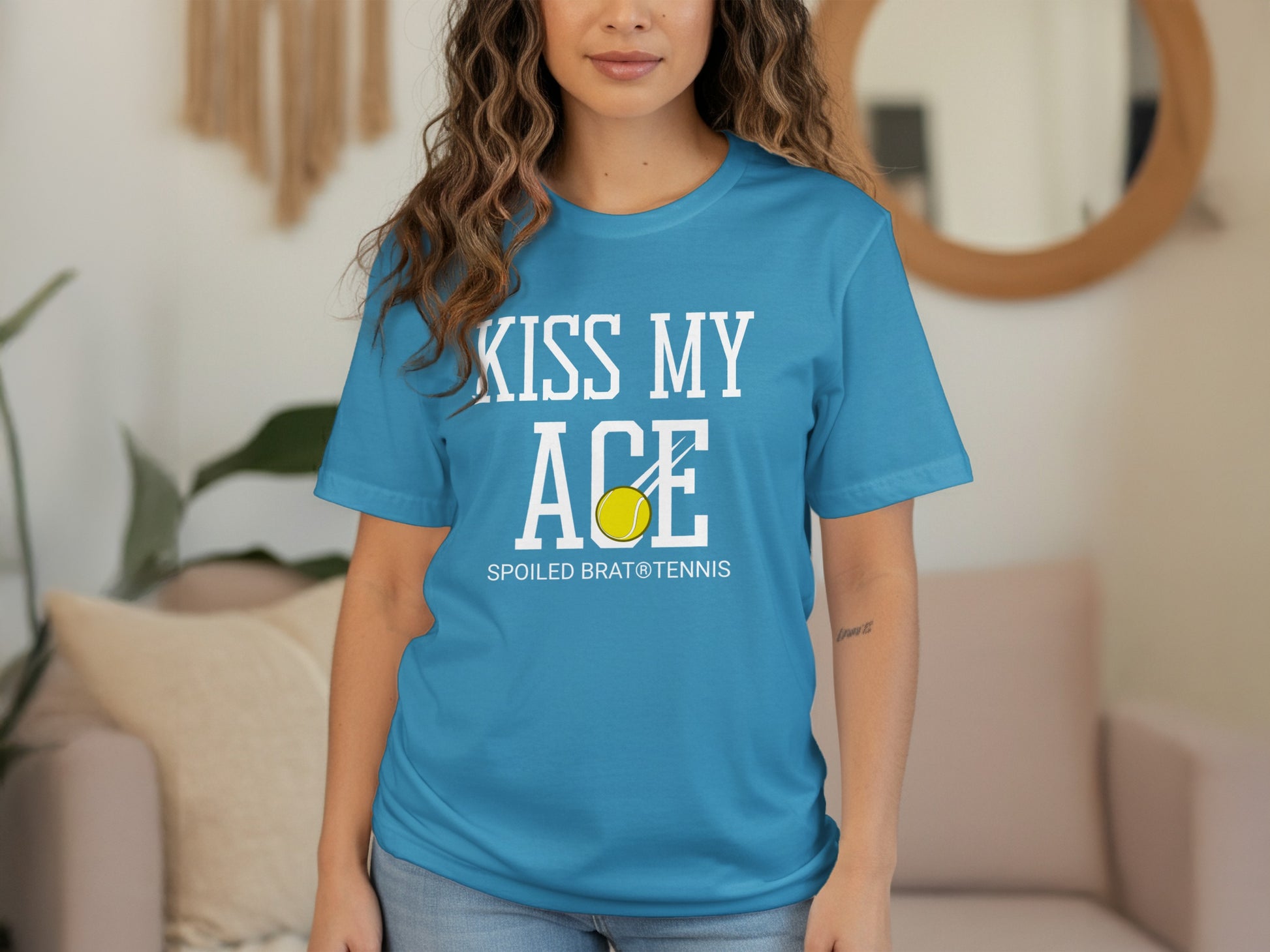 Blue t-shirt with "KISS MY ACE" and tennis ball graphic.