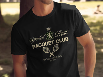 Black t-shirt with "Spoiled Brat Racquet Club" logo and crossed tennis rackets.