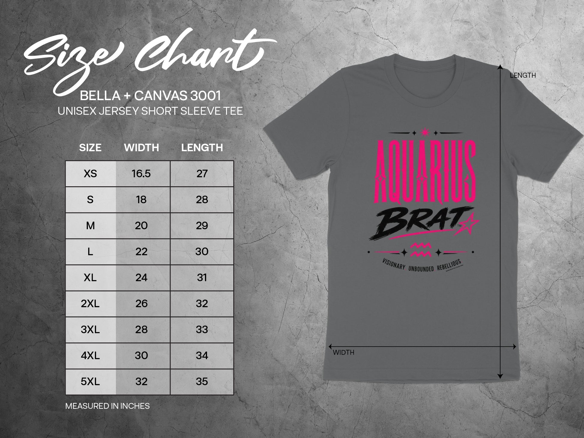 Size chart for Bella + Canvas 3001 unisex jersey short sleeve tee.