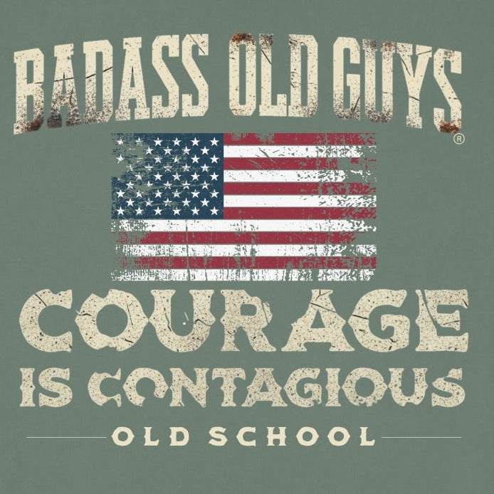 Green t-shirt with "Badass Old Guys" and "Courage Is Contagious" text.