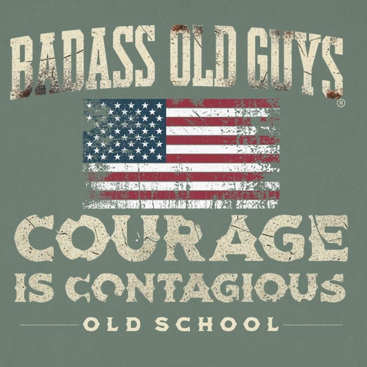 Green t-shirt with "Badass Old Guys" and "Courage Is Contagious" text.