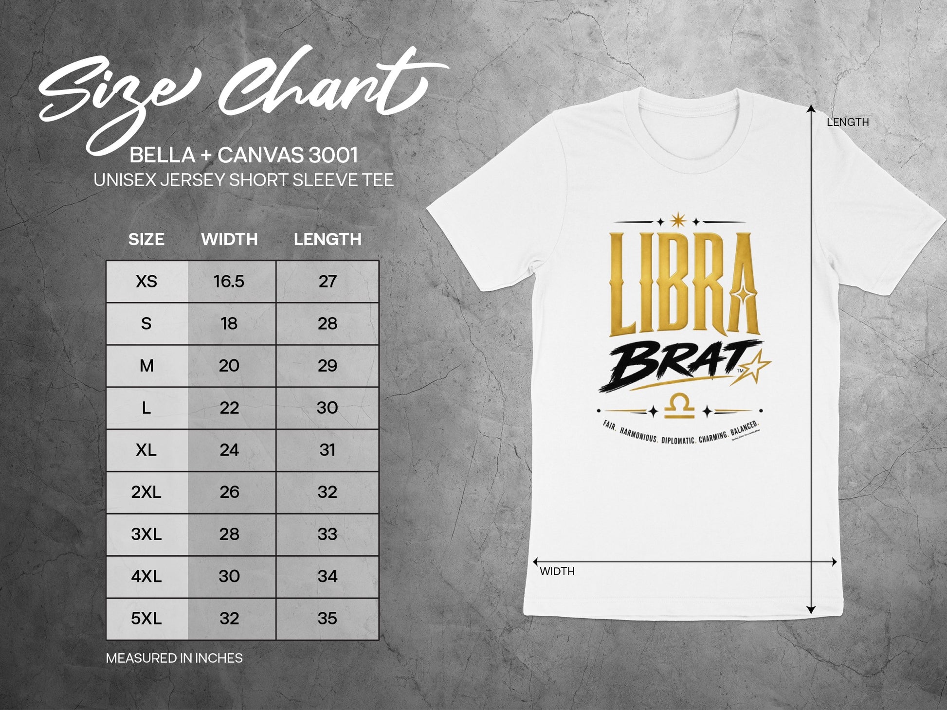 BELLA + CANVAS 3001 unisex t-shirt size chart with Libra Brat graphic.
