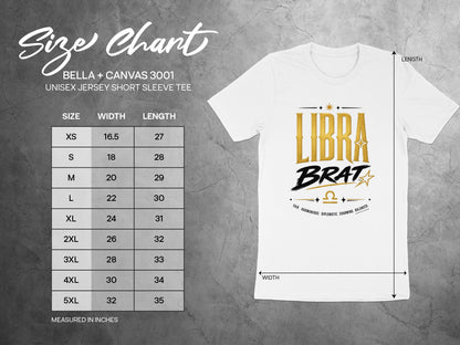 BELLA + CANVAS 3001 unisex t-shirt size chart with Libra Brat graphic.