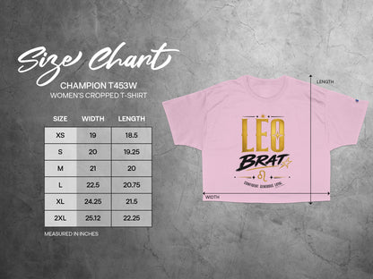 Champion T453W cropped t-shirt size chart with measurements for width and length.