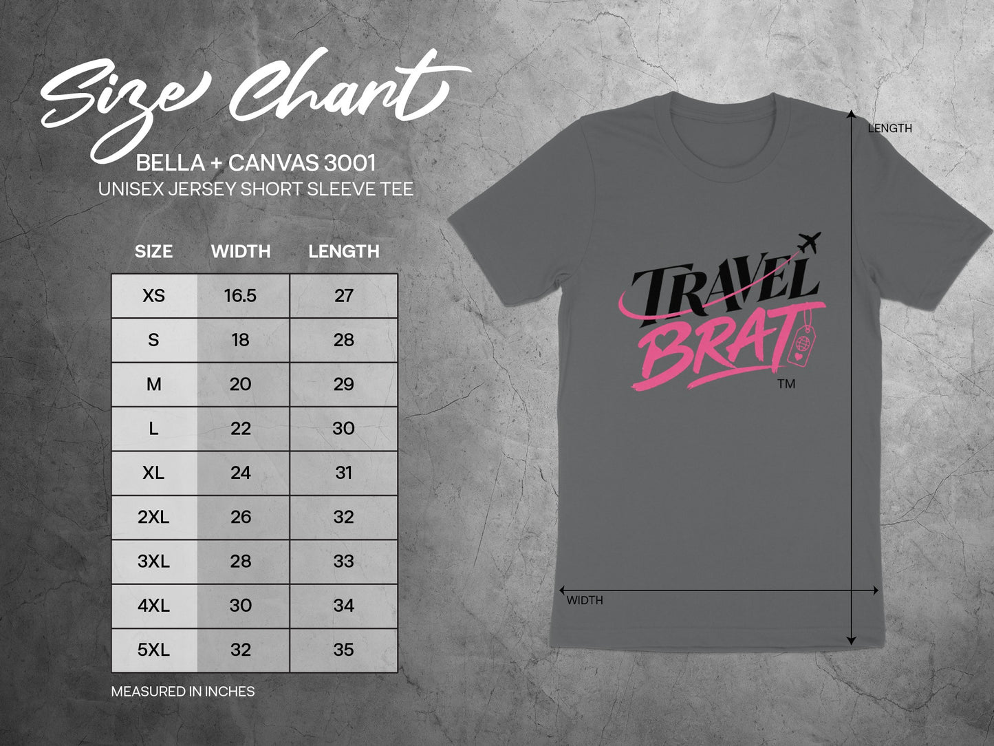 Bella + Canvas 3001 unisex tee size chart with width and length measurements in inches.