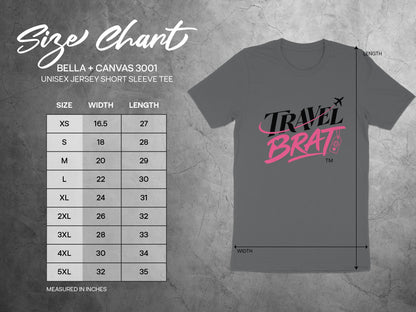 Bella + Canvas 3001 unisex tee size chart with width and length measurements in inches.