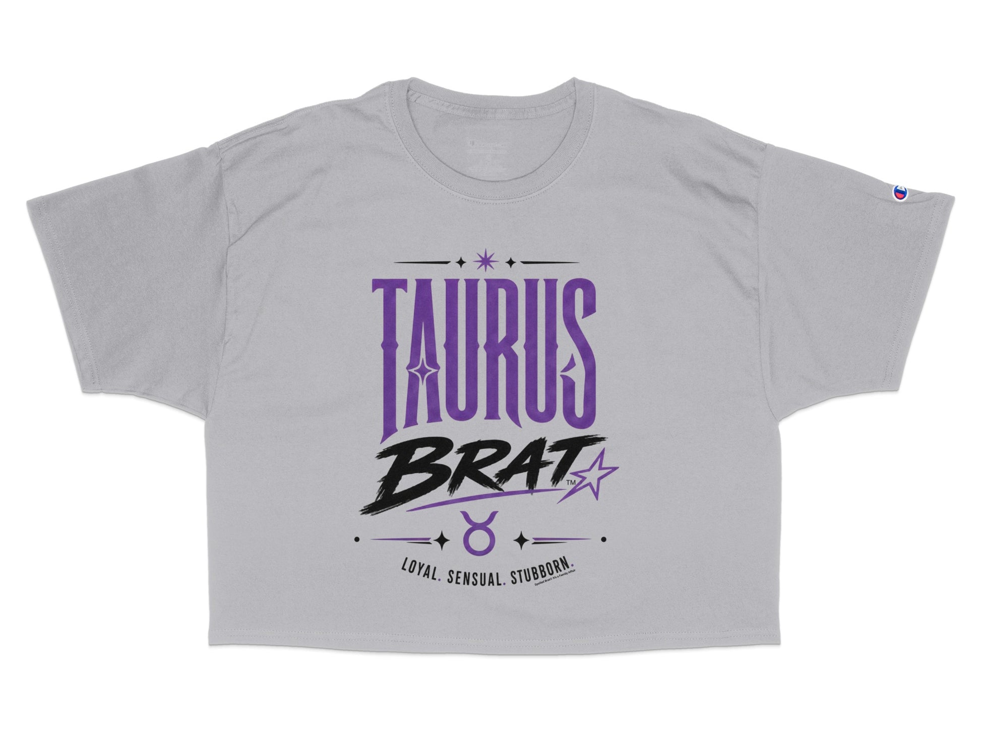 Grey cropped t-shirt with "TAURUS BRAT" and zodiac symbol.