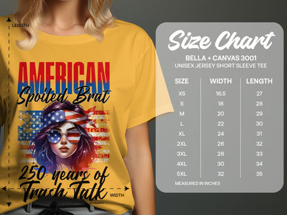 Yellow t-shirt with "American Spoiled Brat 250 years of Trash Talk" graphic and size chart.