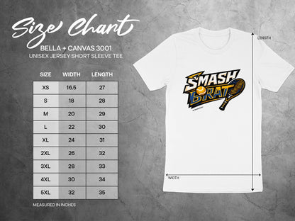 Size chart for Bella + Canvas 3001 unisex short sleeve tee, measured in inches.