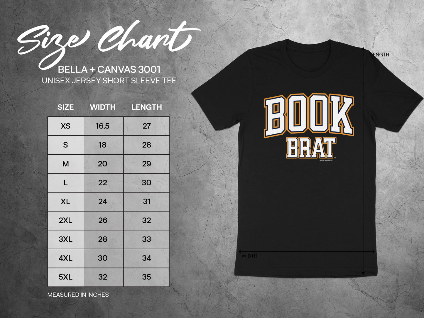 Bella + Canvas 3001 unisex tee size chart with width and length measurements.
