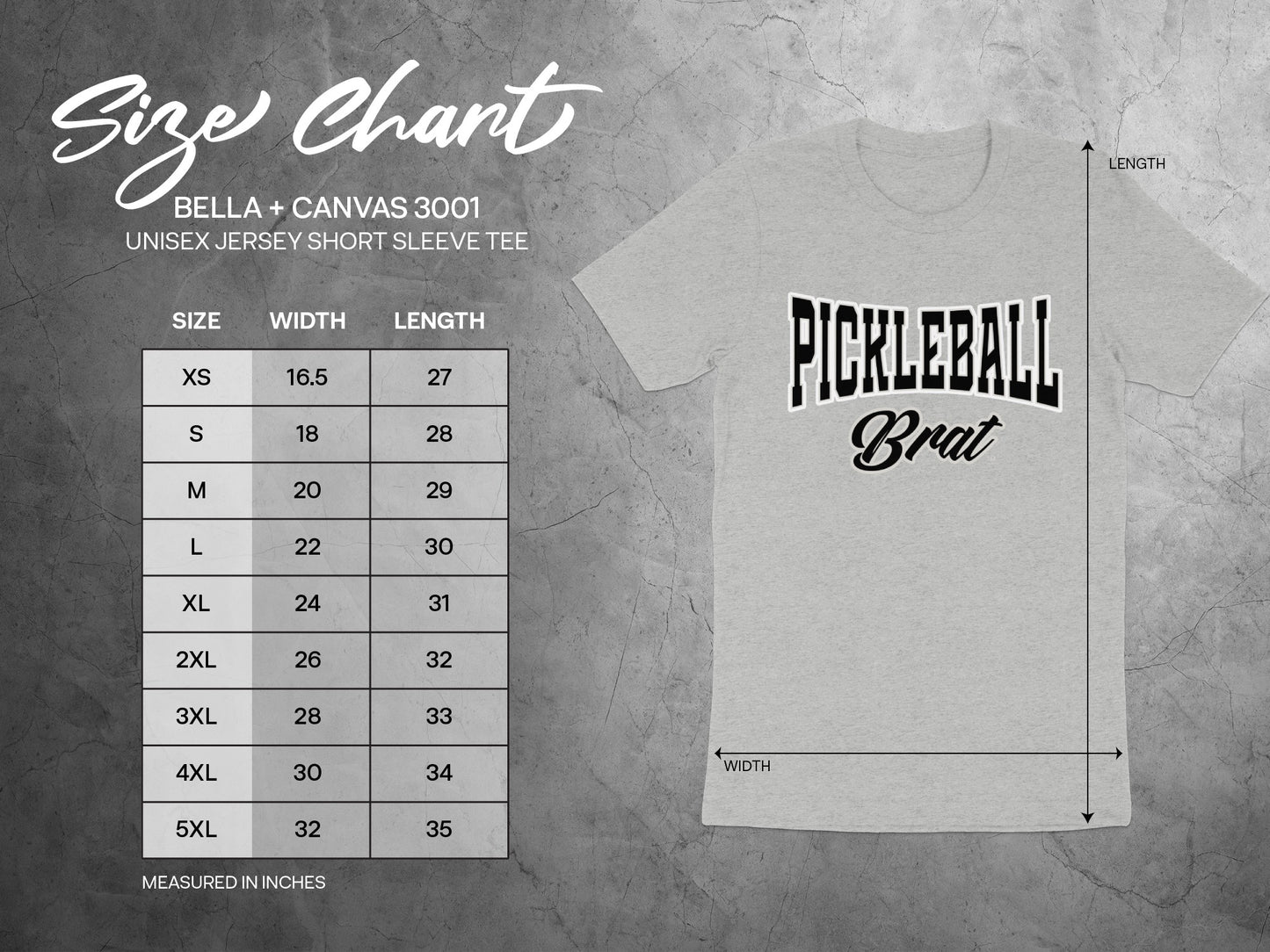 Size chart for Bella + Canvas 3001 unisex tee with "Pickleball Brat" graphic.