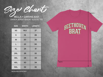 Unisex short sleeve tee size chart with width and length measurements for sizes XS-5XL.