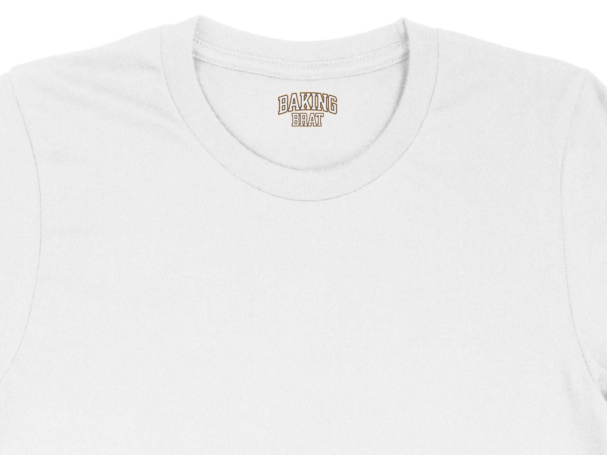 White t-shirt with "BAKING BRAT" text on the collar.