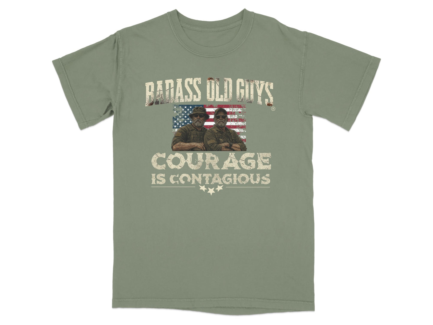 T-shirt with "Badass Old Guys" and American flag graphic, "Courage Is Contagious".