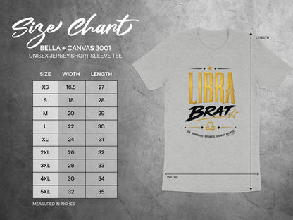 Size chart for Bella + Canvas 3001 unisex short sleeve tee with Libra Brat graphic.