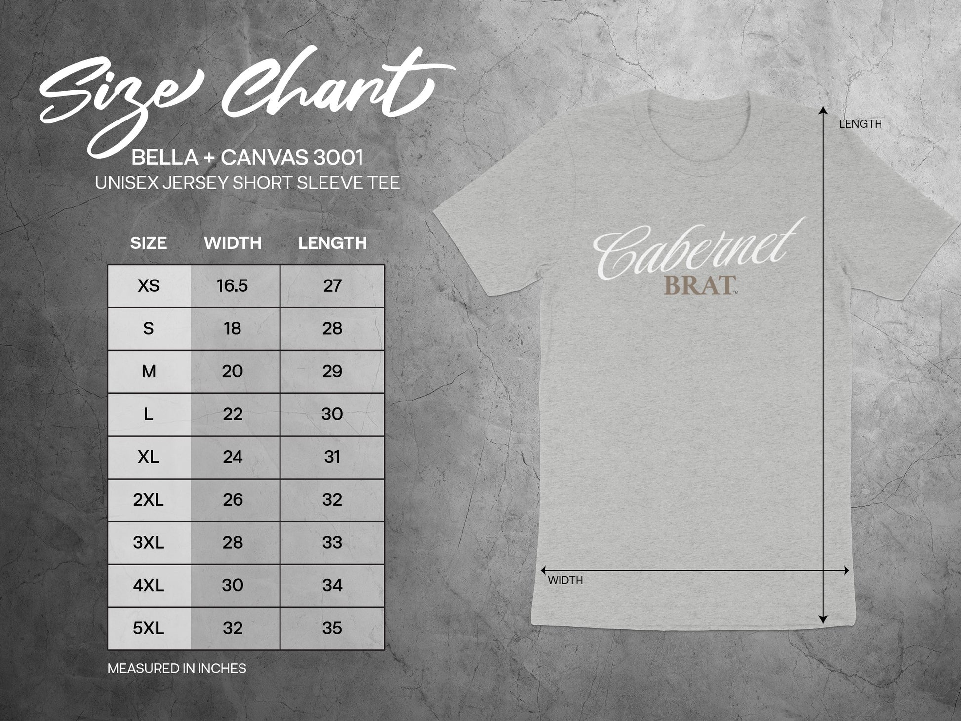 Size chart for Bella + Canvas 3001 unisex short sleeve tee, listing sizes XS-5XL, width, and length in inches.