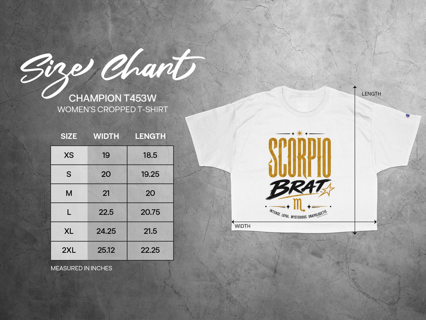 Champion T453W women's crop t-shirt size chart with width and length measurements.