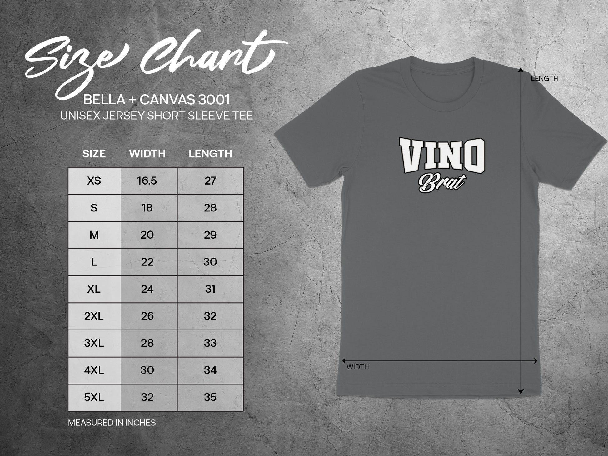 Size chart for Bella + Canvas 3001 unisex tees with measurements in inches.