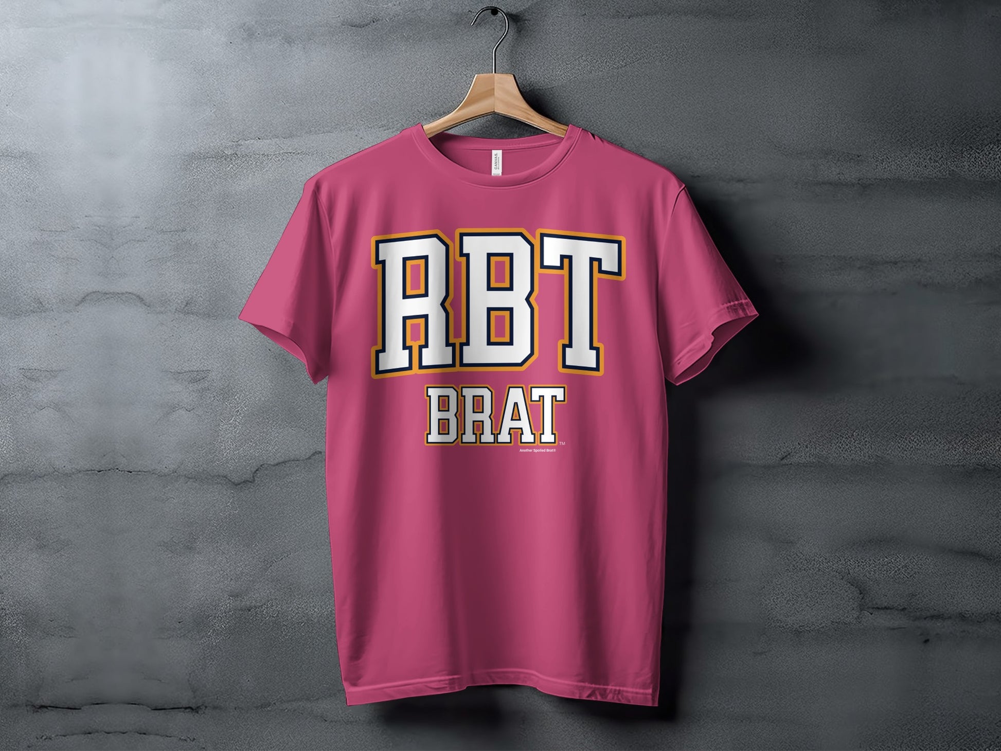 Pink t-shirt with "RBT" and "BRAT" in athletic lettering.