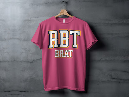Pink t-shirt with "RBT" and "BRAT" in athletic lettering.