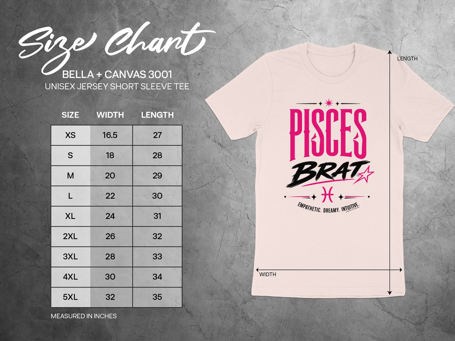 Bella + Canvas 3001 size chart for short sleeve tee with Pisces Brat graphic.