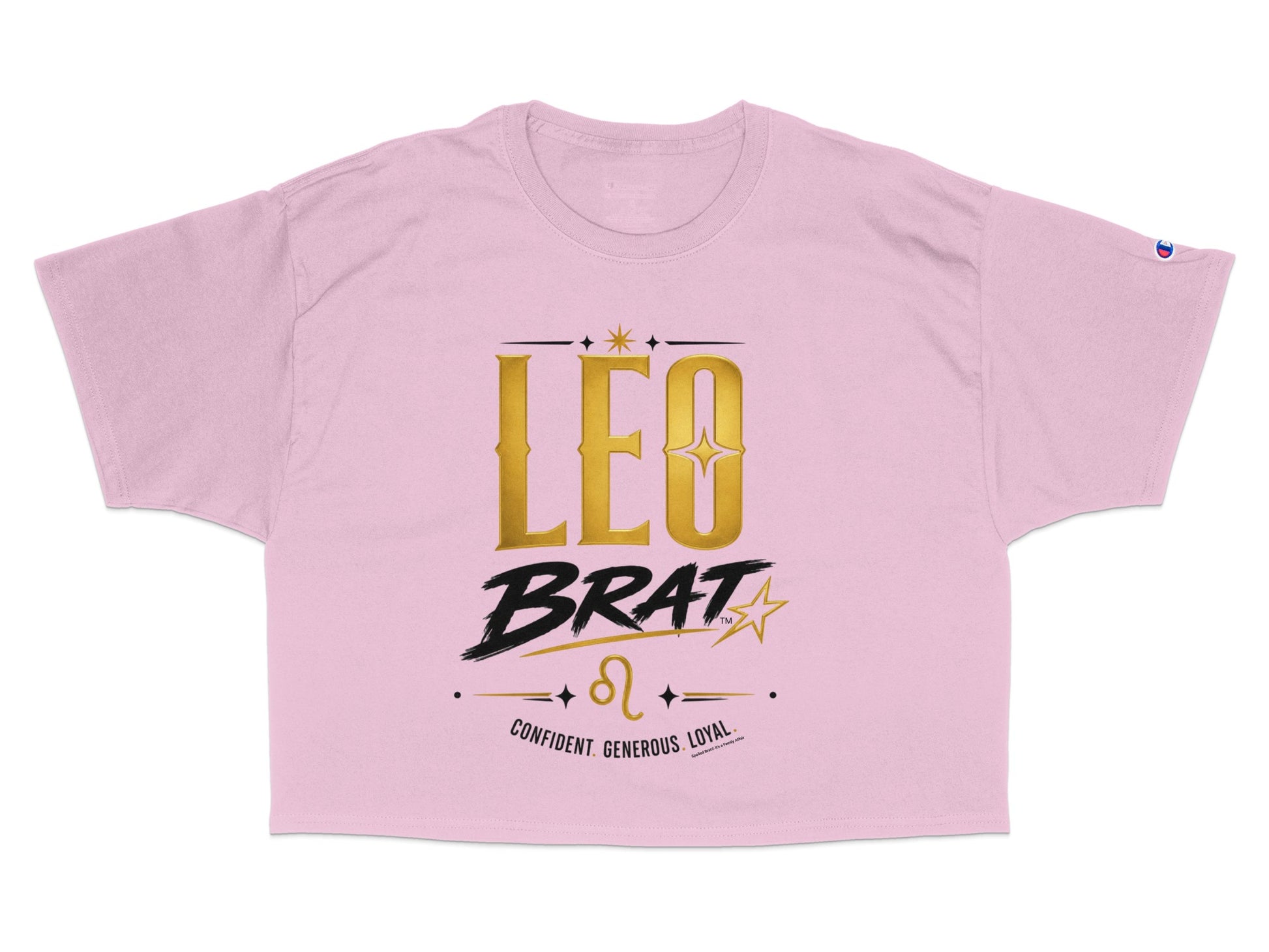 Pink t-shirt with gold "LEO BRAT" text, Leo zodiac symbol, and descriptors.