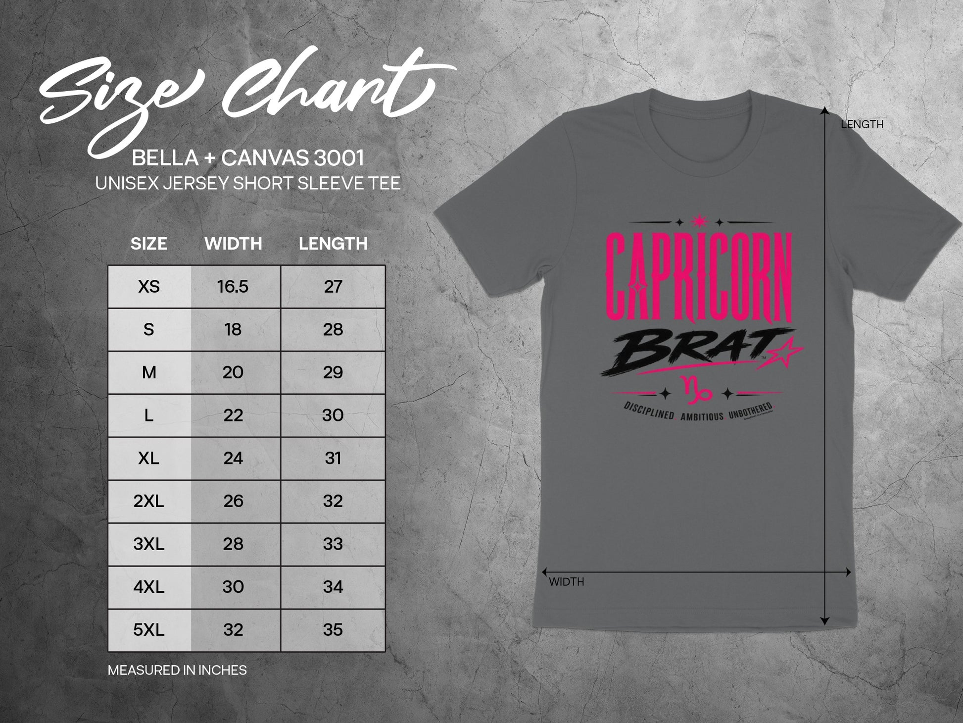 Bella + Canvas 3001 unisex tee size chart with measurements in inches.