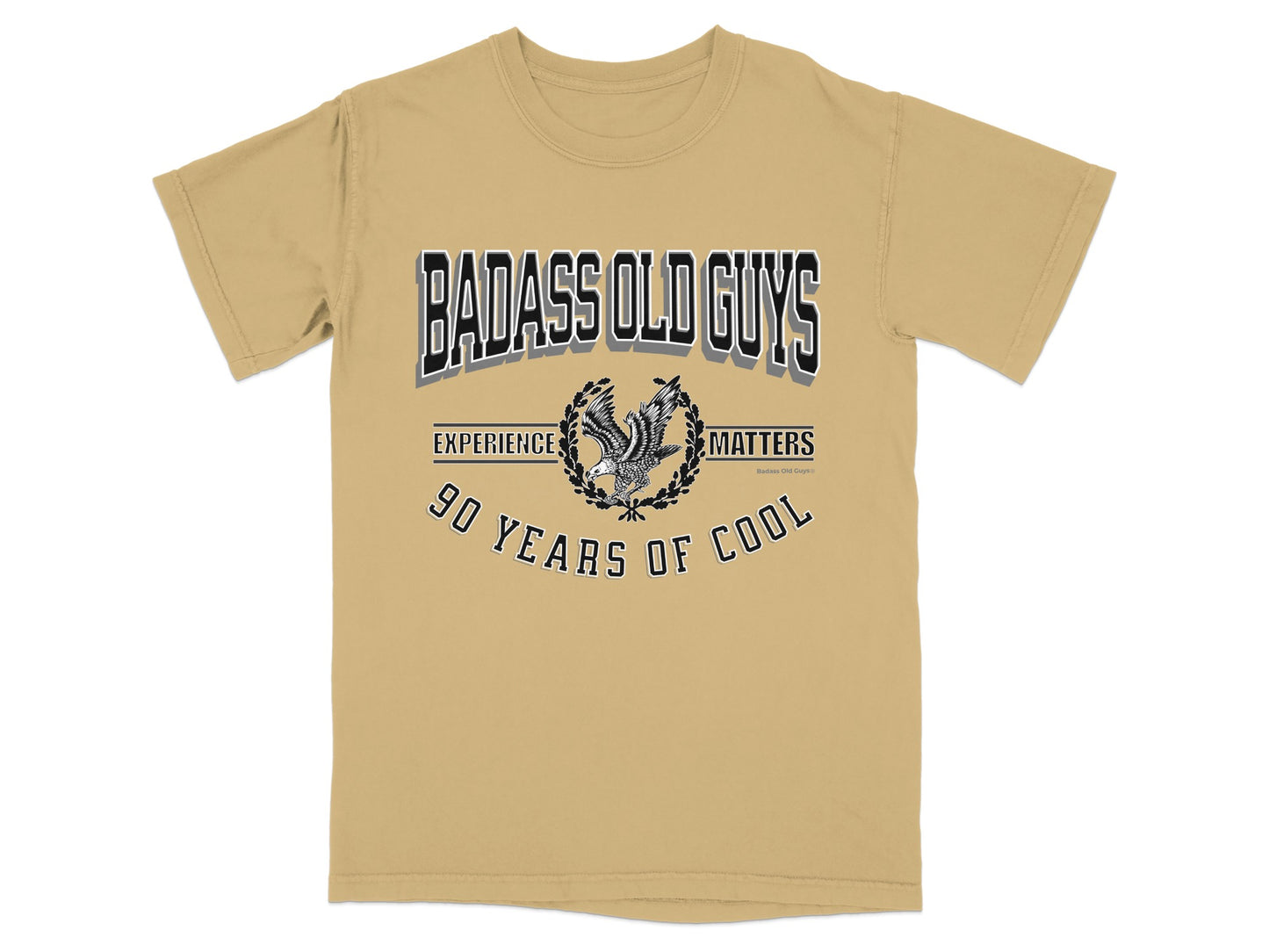 Tan t-shirt with "Badass Old Guys" and "Experience Matters" text.