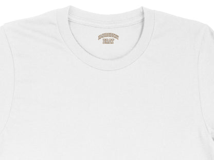 White t-shirt with brown text reading "EMBROIDERY BRAT" on the collar.
