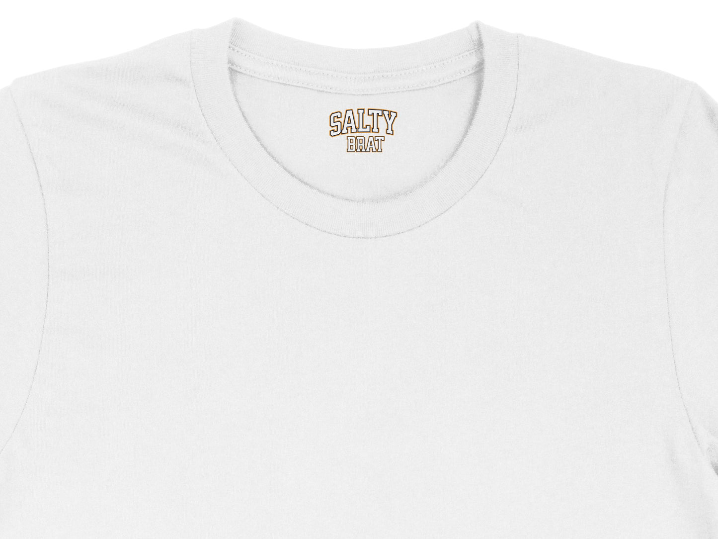 White t-shirt with "SALTY BRAT" text on the neckline.