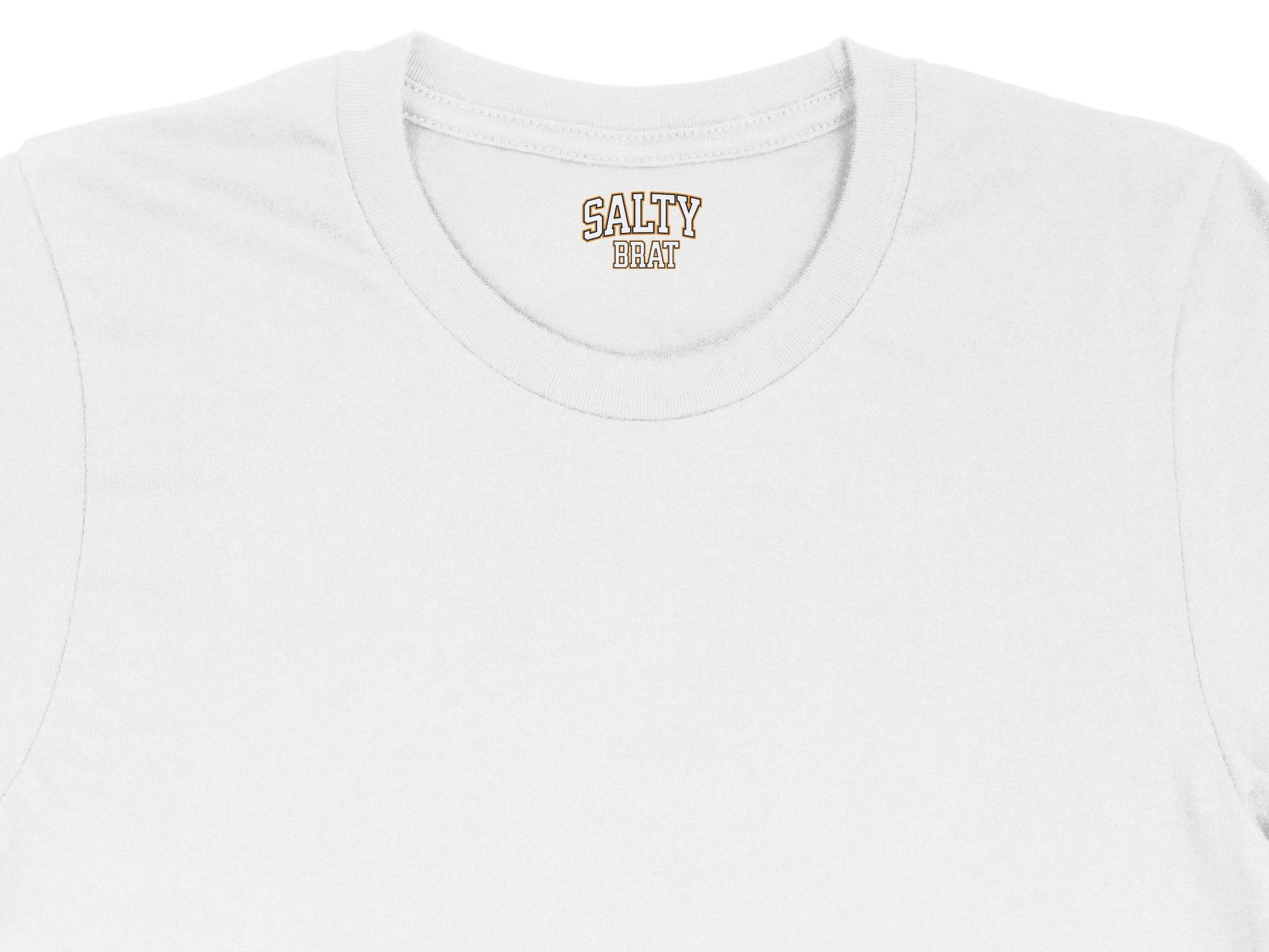 White t-shirt with "SALTY BRAT" text on the neckline.