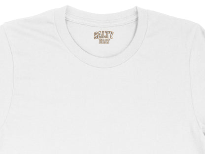 White t-shirt with "SALTY BRAT" text on the neckline.